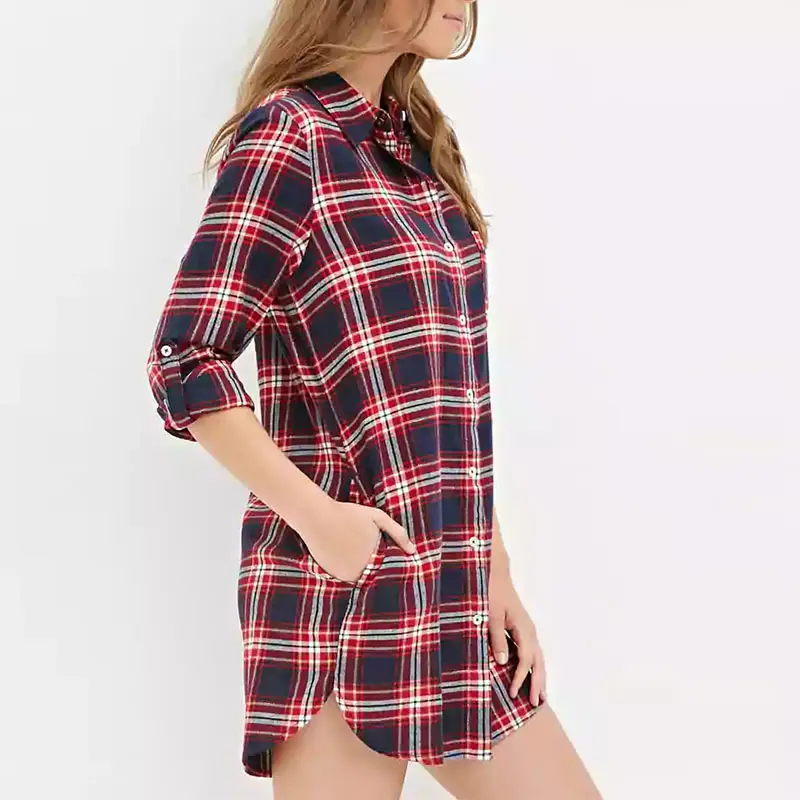 Women Hot Selling Custom Casual Night Dresses Plaid Flannel Nightdress