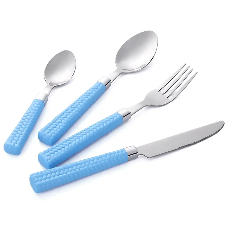 Bán Buôn Knit PP Nhựa Xử Lý Spoon Fork Knife Set Gương Đánh Bóng Thép Không Gỉ Bộ Bữa Ăn Tối Cho Dã Ngoại Dao Kéo