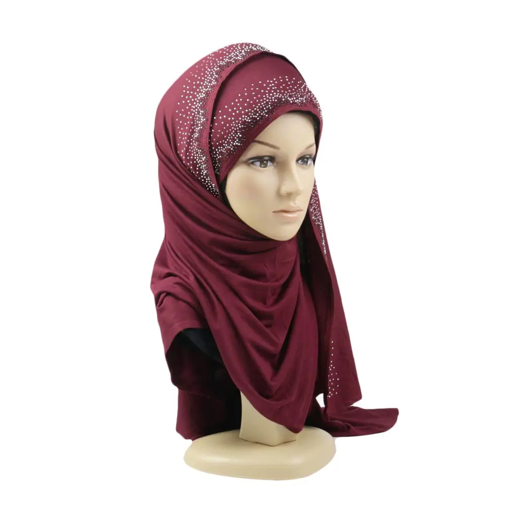 Comfortable Jersey Cotton Fabric Add The Two Colors Sequined Malaysian Rhinestone Diamond Hijab For Dubai Muslim Women Scarf