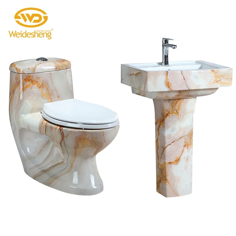 Blanco ajustable colores de cerámica de doble descarga una pieza inodoro y lavabo de pedestal conjuntos