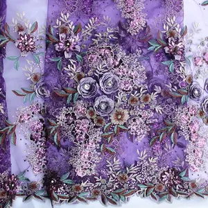 2016 Fashion purple handmade floral beaded embroidery bridal laces fabrics with stones FB0058