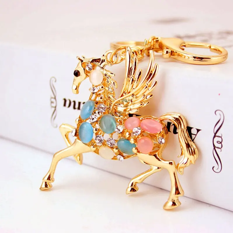 Opal Alloy Wings Flying Horse Unicorn Key Chain Key Ring Handbag Bag Charm Keychain Accessories Fashion Animal Jewelry For Women