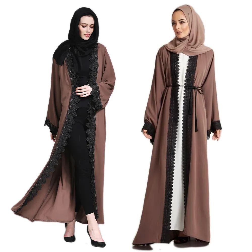Ropa de mujer islámica con espalda bordada larga marrón/cárdigan de moda para mujer abaya abierta