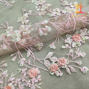 Nueva moda poliéster químico <span class=keywords><strong>mano</strong></span> con cuentas 3d tul bordado floral <span class=keywords><strong>tela</strong></span> de encaje para el vestido de noche - Product Image 6