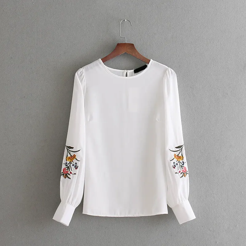 Nieuwe model vrouwen tops lange mouwen borduren fancy wit blouses