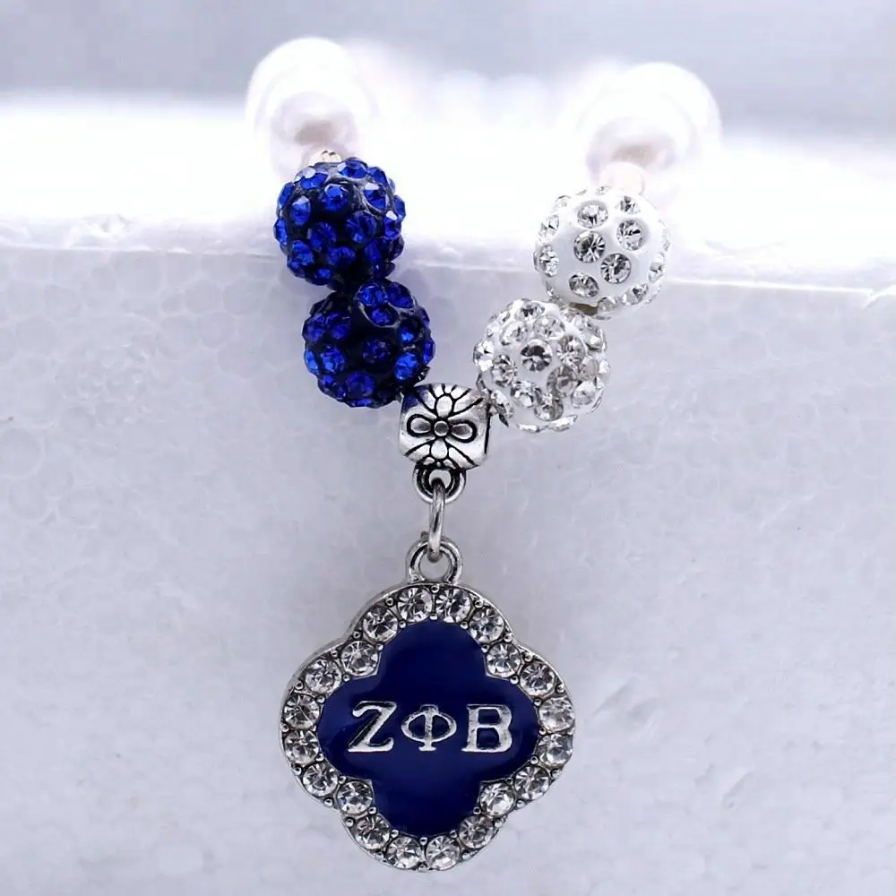 Custom Design White Blue Crystal Clover ZPB Sorority Greek Life Zeta Phi Beta Pendant Pearl Necklaces For Women