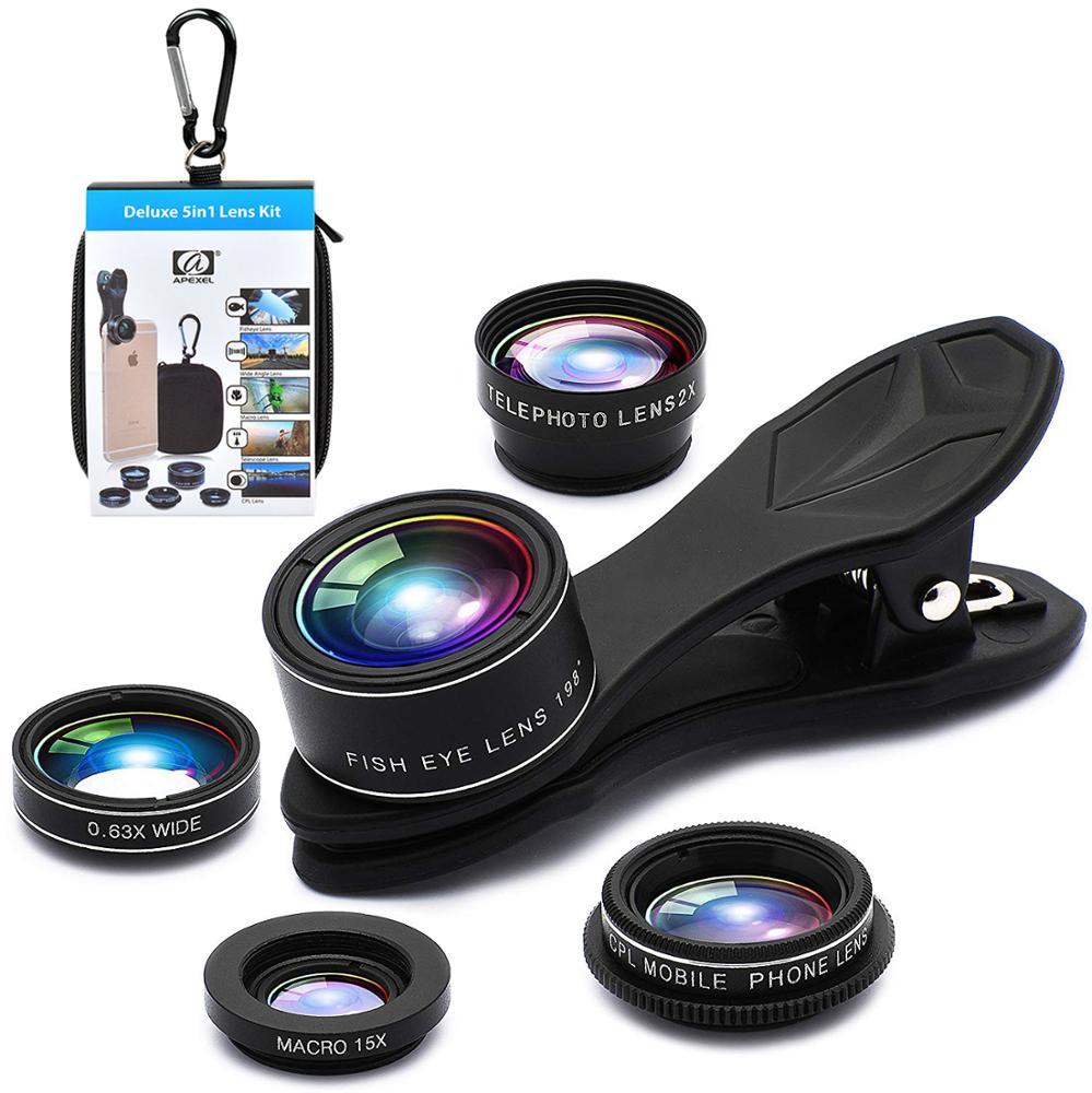 Apexel Amazon, лидер продаж, 5 в 1, широкоугольный макрообъектив «рыбий глаз» 2x zoom CPL Для Iphone X 2018, оптовая продажа