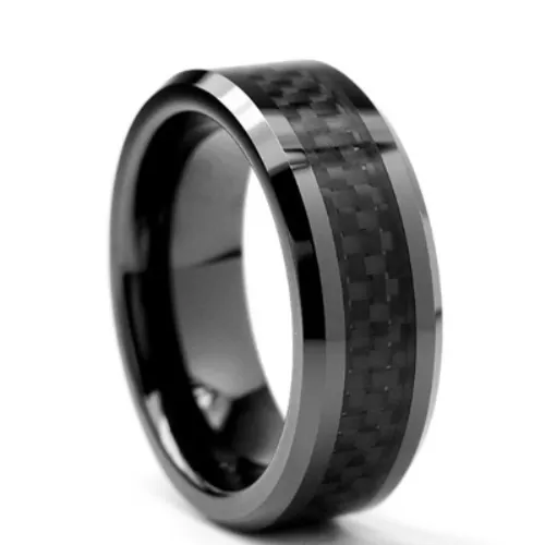 8MM Flat Ceramic Ring Jewelry Black Carbon Fiber Inlay Ceramic Ring