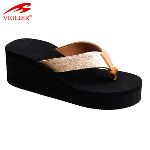 New design street fashion ladies PU footwear women wedge flip flops