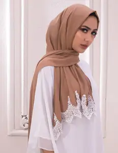 120 colors hot selling Wholesale new design new arrival chiffon hijab scarf graceful with flower lace for muslim women