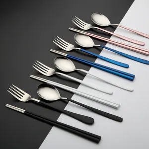 Корейский набор ложки и вилки из нержавеющей стали с цветной ручкой
