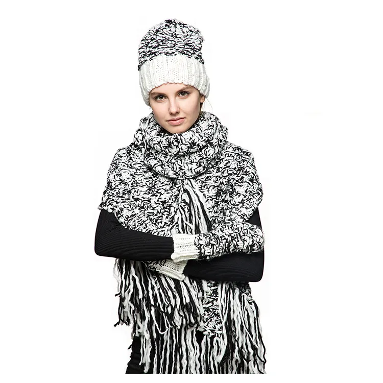 Hot Fashion Acrylic Material Women Chic Thick Cable Knitted Scarf Glove And Hat Cap Set With Long Braid