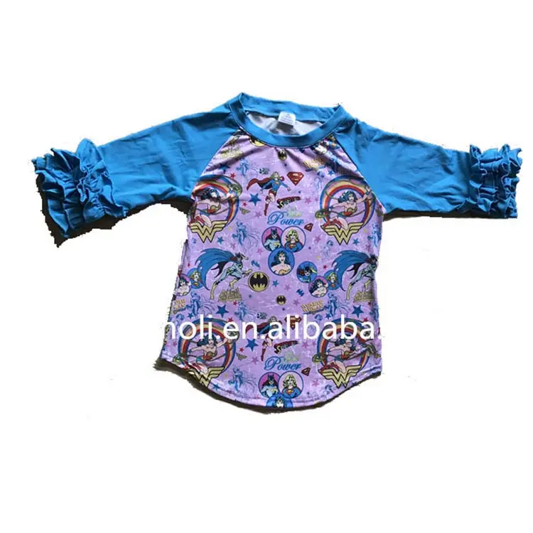 赤ちゃんフロックデザインスーパーガールパターン子供のtシャツファンシー3/4袖ラグランtシャツ