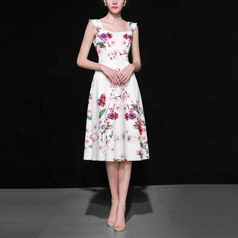 Newest Fancy White Woman Vest Long Floral Printing Dress Elegant