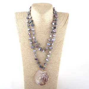 Fashion Women Lariat Crystal Glass beads Necklace Knotted Long Natural Shell Pendant Necklace