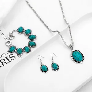 hot selling Vintage ethnic style turquoise necklace earrings bracelet set jewelry flower pendant necklace for female