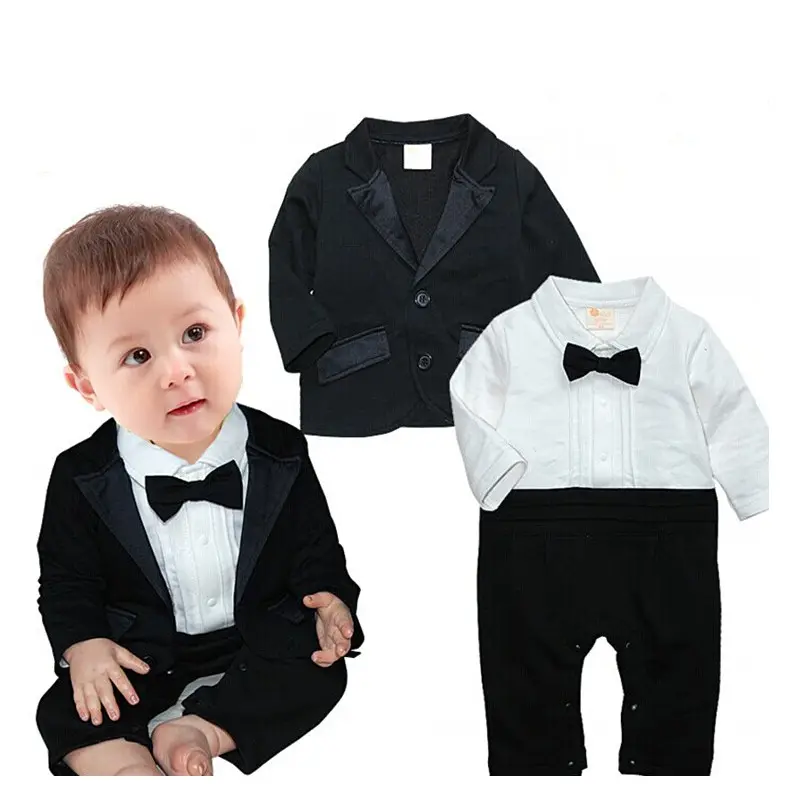 W 10%OFF Baby Boy Jumpsuit Romper 2Pcs Long Sleeve Toddler Tuxedo Gentleman Outfit With Bowtie Coat Boys Wedding Suits Y10701