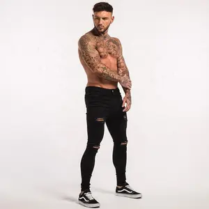 थोक उच्च गुणवत्ता फैशन व्यथित फट पतला फिट समलैंगिक Mens काली जींस - Product Image 4