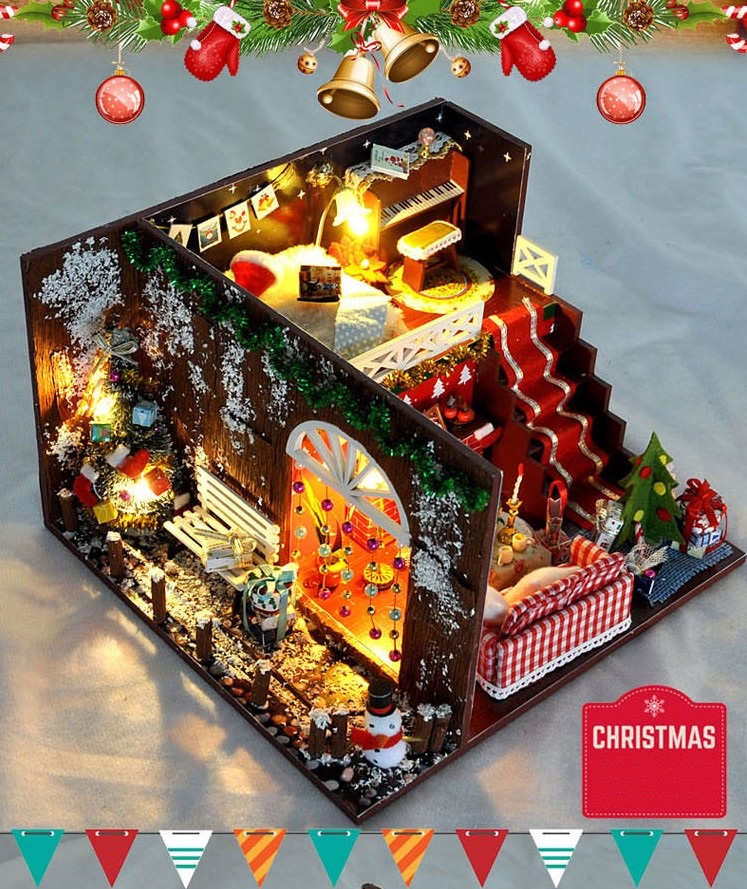 Casa di bambola con la luce di legno del regalo del commercio all'ingrosso FAI DA TE in miniatura casa delle bambole kit regalo Di Natale speciale TYD2410