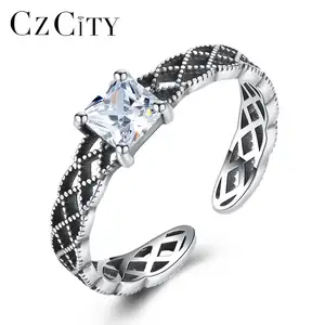 CZCITY 复古银戒指公主切割清除立方氧化锆 925 纯银黑色女性订婚戒指派对