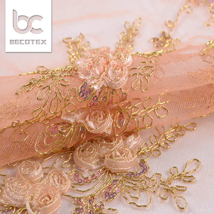 3d mewah kabel pita bunga bordir kain renda kabel emas kain bordir untuk gaun pernikahan