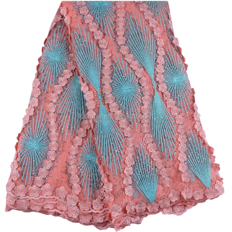 Dernière dentelle africaine avec beaucoup de pierres de haute qualité couleur pêche 3D Applique dentelle tissu nigérian dentelle de mariée robe 999