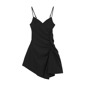 Vendita calda estate vestito Sexy per le donne nero senza spalline alla spalla irregolare pieghettato naturale fatto Chiffon diretto - Product Image 1
