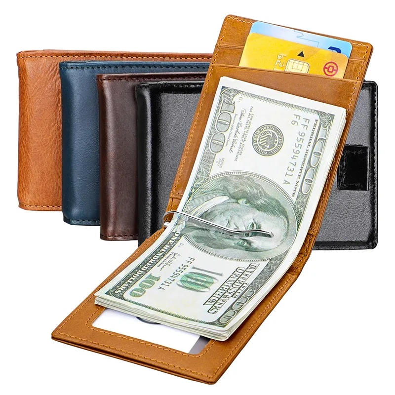 Factory Price RFID Safe Genuine Leather Money Clip Men Short Mini Card Holder Wallet