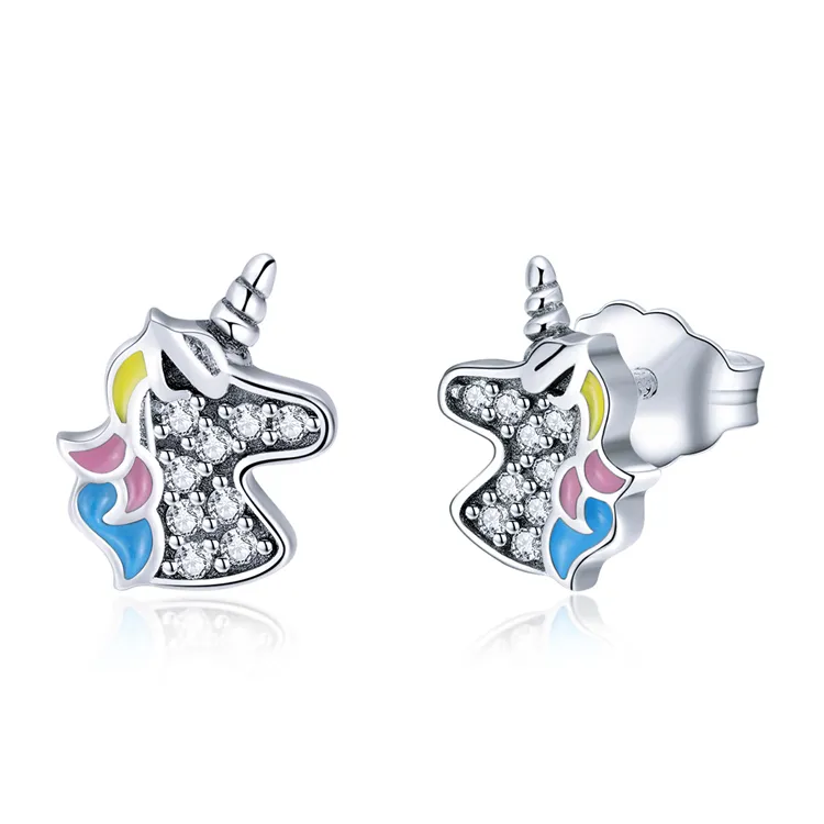 Bunte Einhorn Stud Ohrringe 925 Sterling Silber CZ Ohrringe Studs