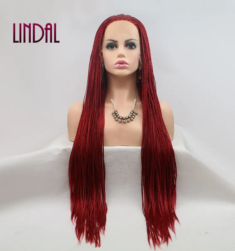 LINDAL freetress willow wig quick weave half red braided lace front wig heat friendly red long braids synthetic wigs