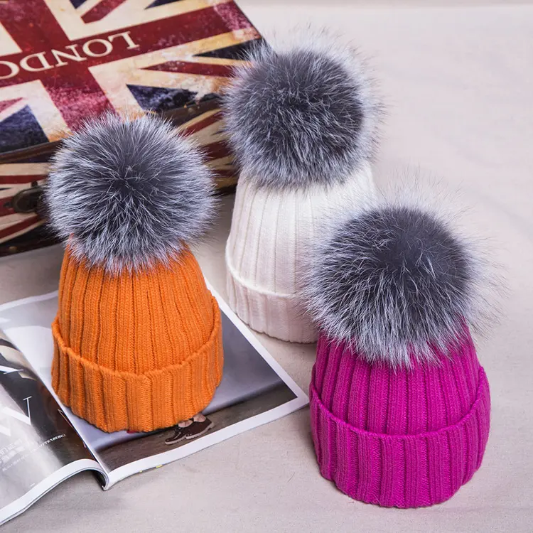 Neue Winter Frauen Kaschmir 100 Acryl Mützen Pelzmützen Mit Fox Pelz Pompon Bälle