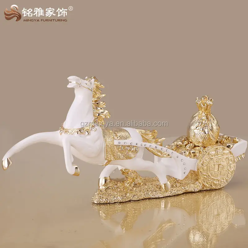 white and gold horse statue horse pulling treasure figure resin horse figurine