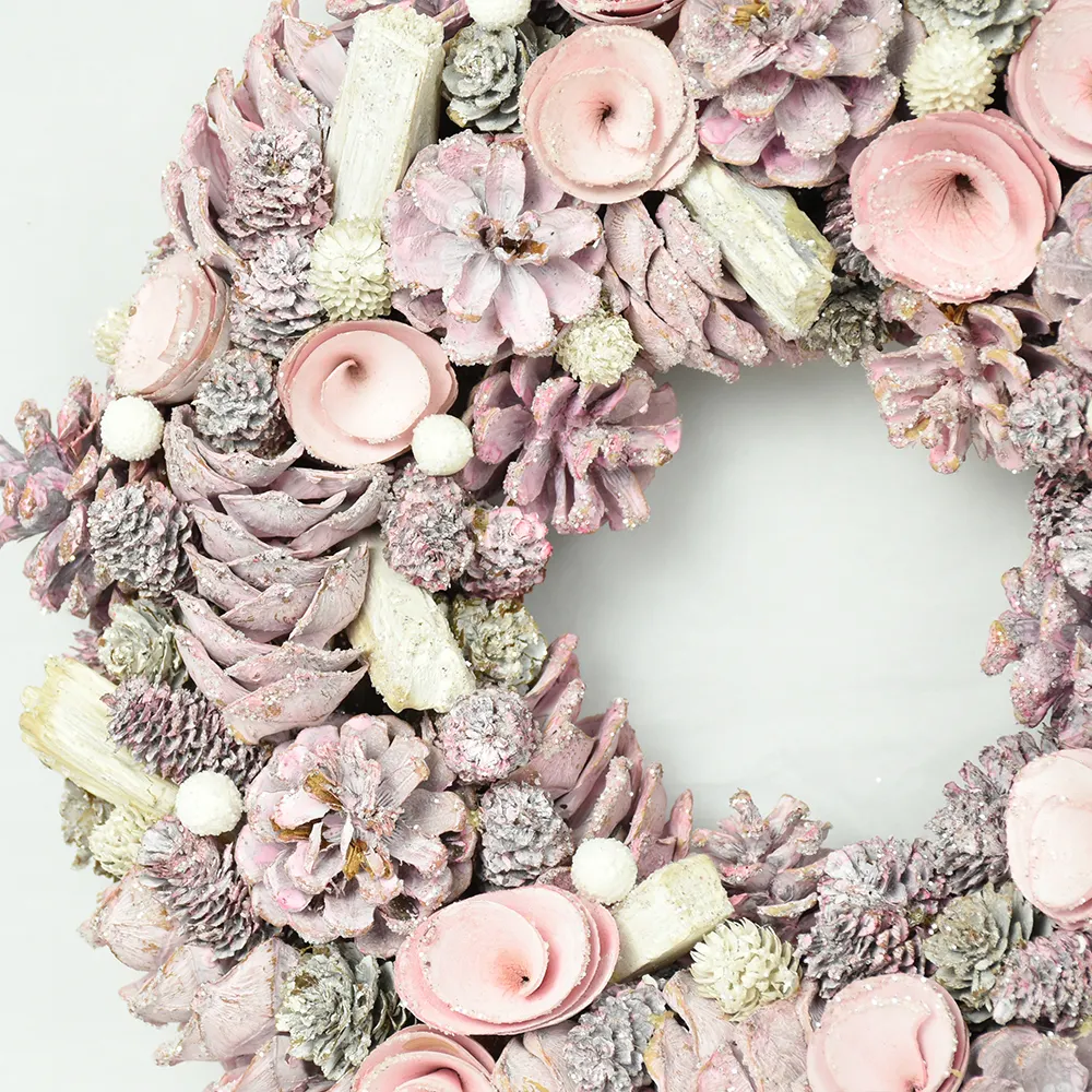 GY BSCI Handmade Xmas Wholesale Pink Round Wreath Pinecone Foam Decor Christmas Wreath Decoration