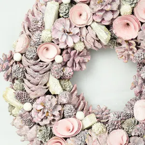 GY BSCI Handmade Xmas Großhandel Pink Round Wreath Tannenzapfen Schaum Dekor Weihnachts kranz Dekoration