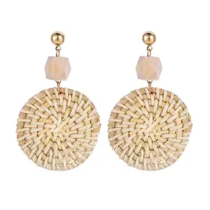 latest design Handmade jade gemstone wood rattan bohemian earrings hoop earrings jewelry charm hollow fashion earrings for women