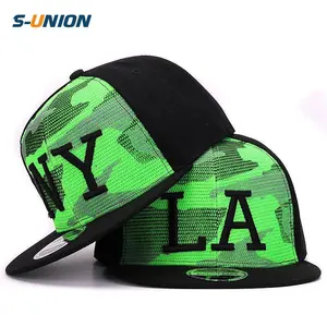 Camo floresan yeşil örgü polyester Snapback 3D NY LA hip hop şapka düz fatura beyzbol şapkası erkekler ve kadınlar için