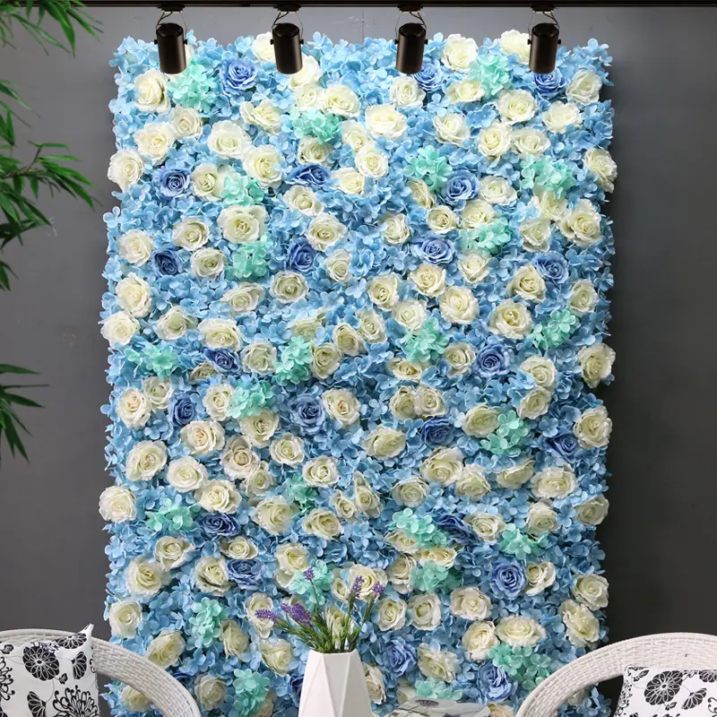 Zijde Blauwe Hortensia Gemengde Wit Rose Fake Bloem Muur Achtergrond Panel Voor Baby Douche Fotografie Huur