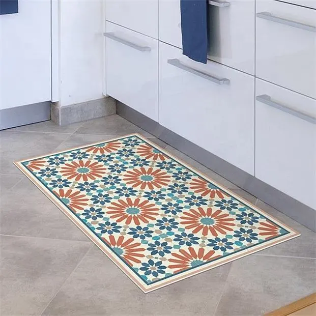 Orange and blue vinyl carpet with zellige tiles design Morocan style tiles printed on vinyl mat area rug