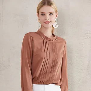 Women new designs O-neck front pleated long sleeve office blouse ladies