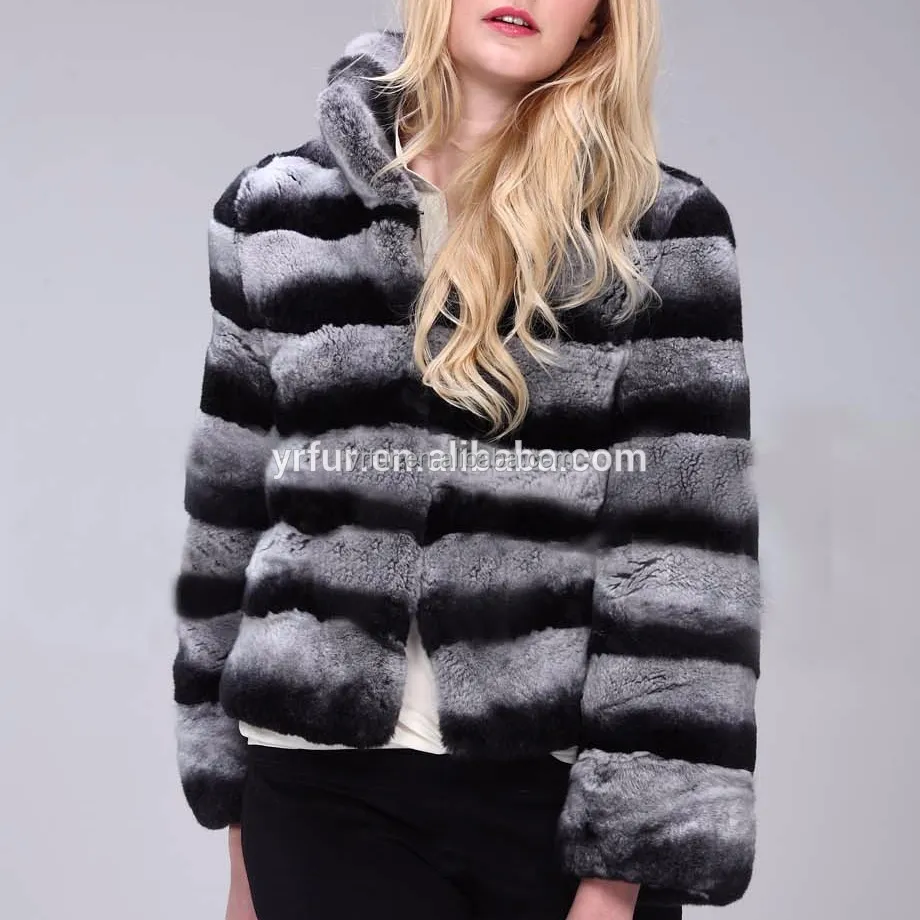 YR414 Senhoras Inverno Stripe Tingido Chinchilla Rex Rabbit Fur Coat Para As Mulheres