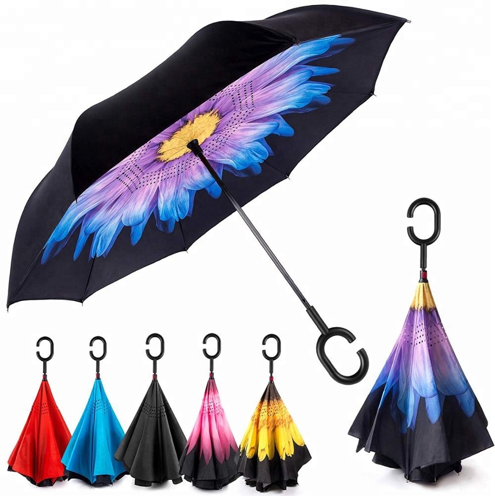 Trendy Manual Open Double Sided Windproof Upsidedown Reverse Folding Umbrella