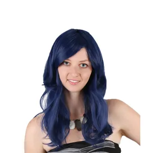 High quality long galactic girl synthetic wig cheap dark blue cosplay wig