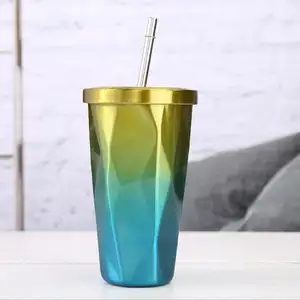 16Oz Thép Không Gỉ Tumbler, Kim Cương Mô Hình Hình Thép Không Gỉ Rơm Tumbler Với Nắp Và Thép Không Gỉ Rơm, Du Lịch Mug