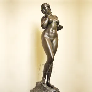 Brass welcome lady standing woman statue art bronze short hair metal craft girl sculpture