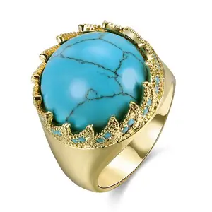 2018 Gorgeous Dubai Gold Plated Men's Big Round Turquoise Stone Ring