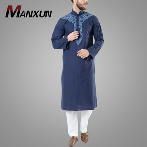 Thobe brodé Kurta manches longues, pour hommes, nouvelle collection, bleu marine, Style musulman, nouvelle collection, - Product Image 1