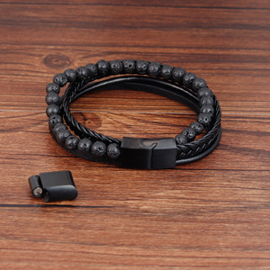 Pulsera de cuero negra con cuentas de meteorito natural para hombre, superventas, 2019 para <span class=keywords><strong>Amazon</strong></span> - Product Image 5