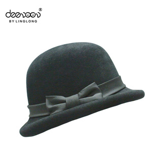 Main D'hiver 100% Laine Feutre Lady Plaine Chapeau Melon Avec Gris Bowknot - Product Image 1