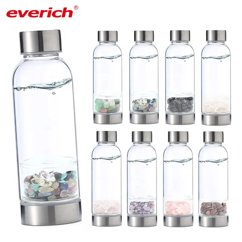 Amazon Factory Elixir Wasser flasche für Edelstein heilung, Rosenquarz Chip Tumbled Stone Glas Wasser flasche, Kristall Wasser flasche