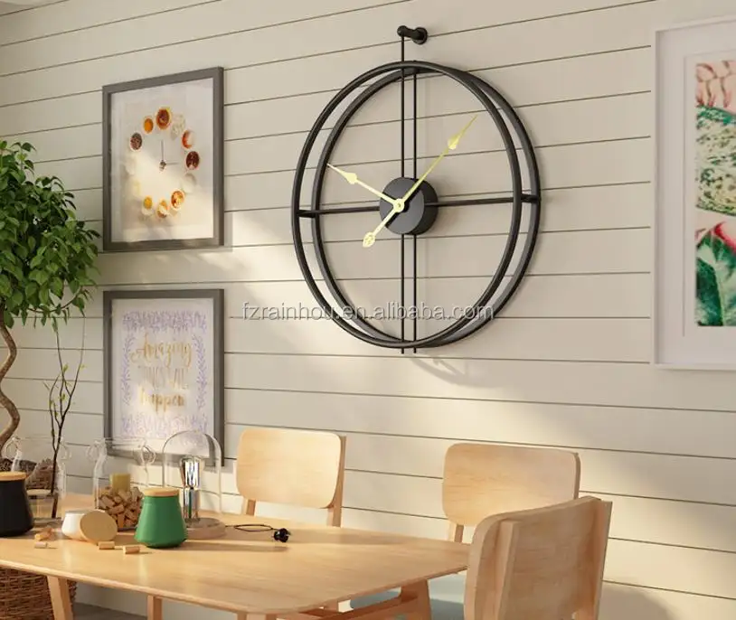 23inch RAINHOU Amazon hot sell round metal BLACK art home decorative quartz wall mounted clock